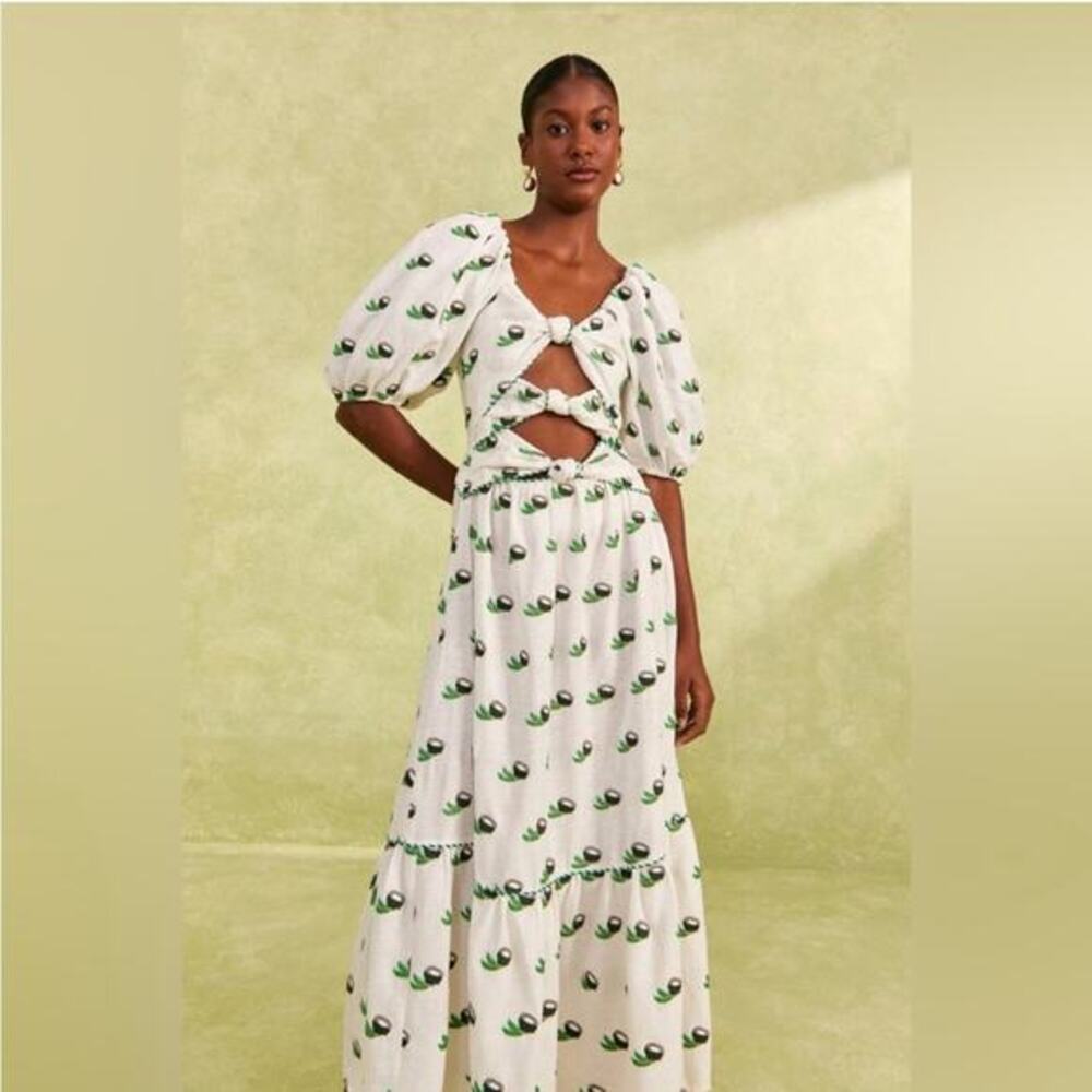 FARM RIO Cross Stitch Coconut‎ Embroidered Midi Dress linen NWT small - Picture 2 of 14